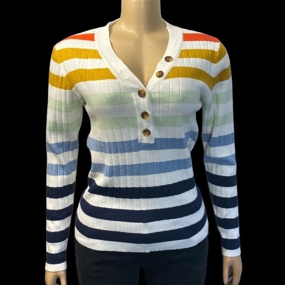 MEROKEETY Striped Sweater Knit 1/4 Button pullover Long Sleeve size M - Picture 11 of 11